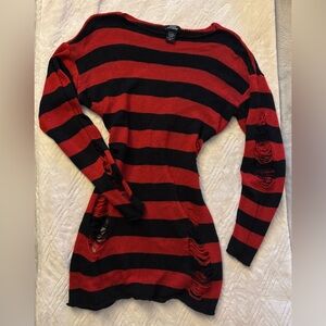 Social Collision- Distressed Striped Red and Black Long Sleeve Dress